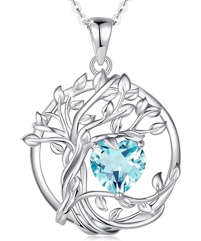 FANCIME Tree of life Birthstone necklace Sterling Silver Pendant Birthstone Necklace Gemstone Anniversary Birthday Jewelry Christmas Gifts for Mom Her Wife
