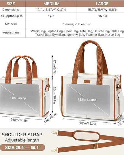 Canvas Tote Bag for Women, 15-Pockets Work Laptop Tote Purse Large Crossbody Nurse Teacher Bible Bag for School Travel Daily | with Strap & Zipper, Multi Compartment, Stand Upright Stably, College Shoulder Bag, Clinical Nursing Bag, Ideal Gift for Women