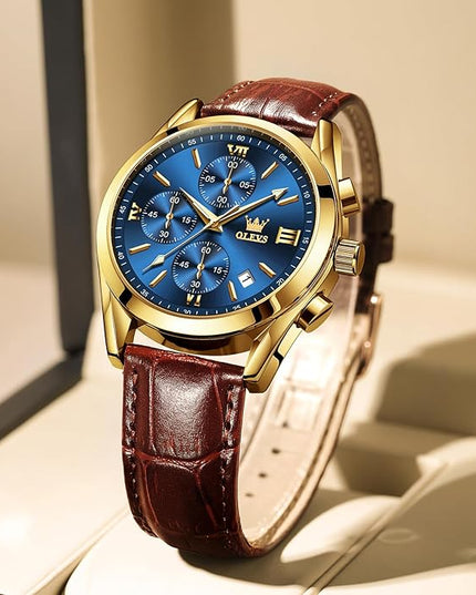 OLEVS Men's Chronograph Leather Watch, Big Face Easy to Read Analog Quartz Dress Watch, Casual Waterproof Luminous Hands Date Watches for Men, White/Blue/Black/Gold Dial