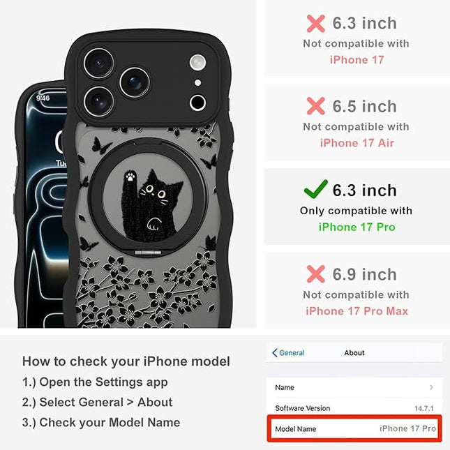 Wavy Case for iPhone 17 Pro Case with Stand [Compatible with MagSafe] Cute Black Cat & Floral & Butterflies Pattern Design, Kawaii 360 Magnetic Ring Kickstand Phone Cover for Women Girls
