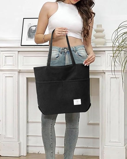 KALIDI Women Corduroy Tote Bag Zipper Casual Tote's Handbag Big Capacity Shoulder Bag with Pockets