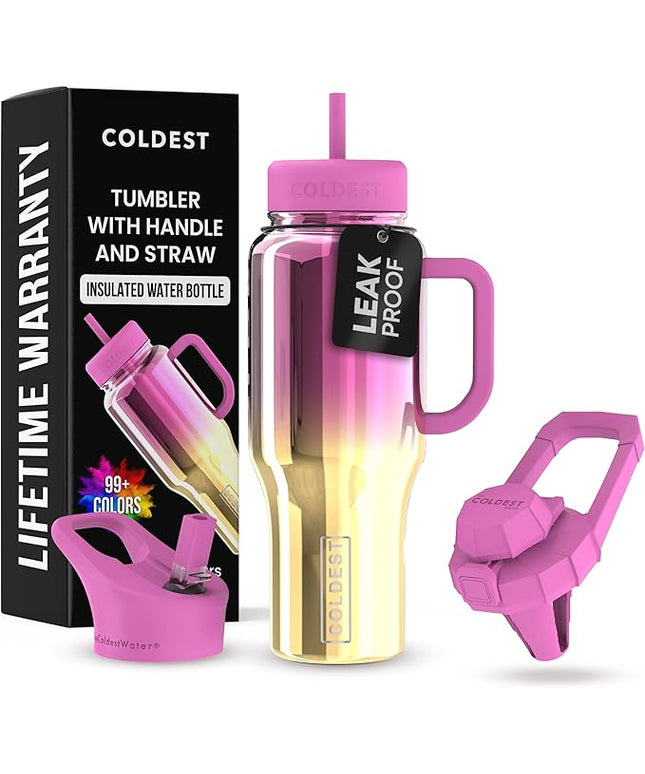 Coldest Tumbler with Handle and Straw - 100% Spill Proof Tumbler with Straw (3 Lids) - Stainless Steel Insulated Leakproof Tumblers for Women & Men - Cup Holder Friendly - 36 oz (SunTan Nova)