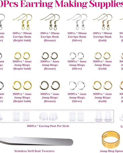 Anezus 1900 Pcs Earring Making Kit with Jewelry Hooks, Fish Hook Earrings, Backs, Jump Rings for Repair, Gifts