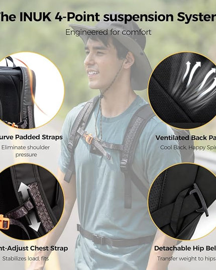 INUK Laptop Backpack for College Students & Work, 25L Lightweight Waterproof Backpack for Business Travel, Hiking Daypack with Padded Sleeve and Safety Whistle, Made from Recycled Materials，Black