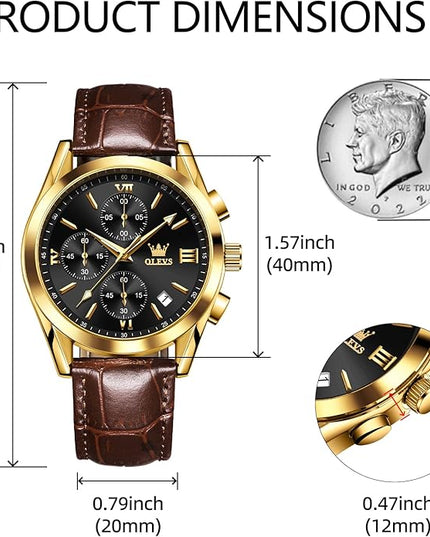 OLEVS Leather Chronograph Watch Men - Leather Strap (Brown/Black), Work Luminous Waterproof Analog Quartz Dress Wrist Watch with Blue/Black/Brown/White Dial