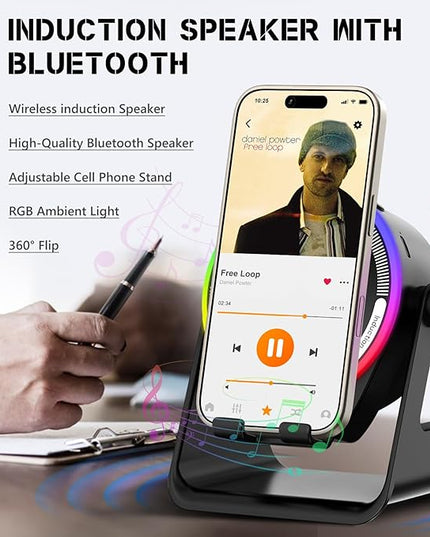MRMORALE Wireless Induction Speaker, Multifunctional Bluetooth Phone Holder with RGB Light & 360 Rotation, HD Surround Sound, Compatible with iPhone/iPad/Android/Samsung