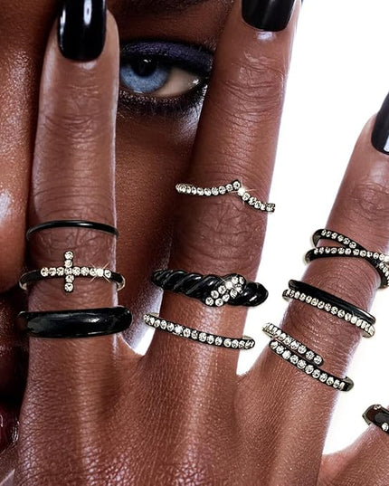 KISS WIFE Goldenen Silvery Black Kunckle Rings Set for Women, Dainty Simple Trendy Cute Stackable Finger Rings Pack, Perfect for Stacking Layering on Thumb and Knuckle, Mixed Size, Jewelry Gift