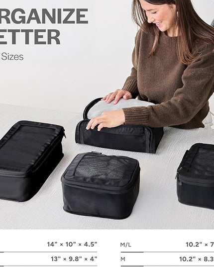 Aerotrunk Compression Packing Cubes for Travel - Luggage Organizer Bags - Double Zipper Packing Cubes for Suitcases (4-Pack, Black)