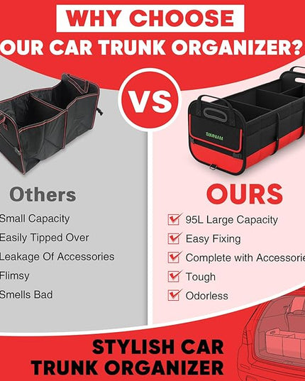 Simniam Large Trunk Organizer for Car, Foldable Multi Compartment Car Trunk Organizer with 2 Retractable Straps, Suitable for All Kinds of Cars, SUV, Minivan - 4 Compartments Red