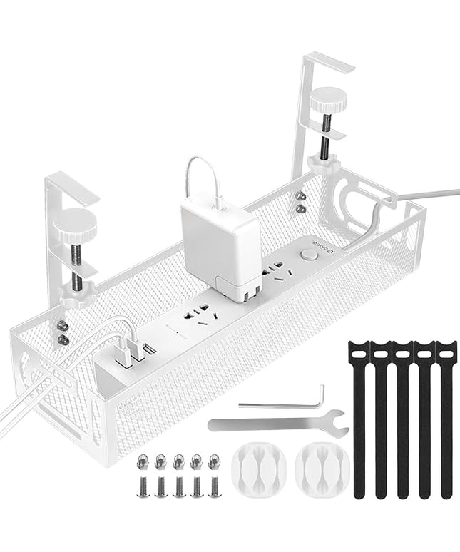 Under Desk Cable Management Tray, Cable Management Under Desk No Drill, Wire Management Tray with Clamp, Cord Organizer for Home Office, White