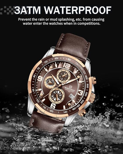 NAVIFORCE Sport Watches for Men Analog Quartz Chronograph Leather Strap Wrist Watch