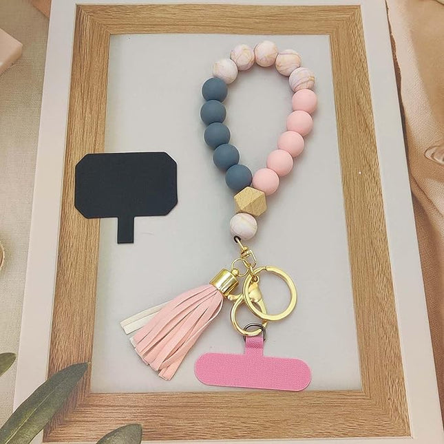 Phone Lanyard Silicone Beaded Phone Wrist Strap Cute Elastic Cell Phone Wristlet Chain Bracelet with 2 Tether Tab