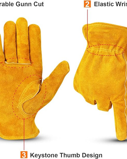 OZERO Leather Work Gloves Flex Grip Tough Cowhide Gardening Glove for Men and Women (Gold With Mesh Lining (1 Pair), X-Large)