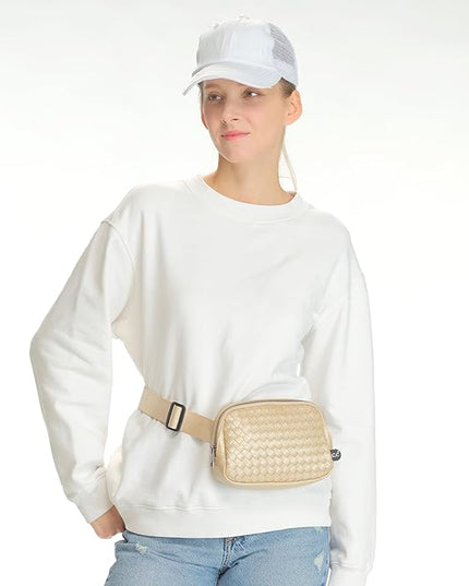 C.C Woven Vegan Leather Fanny Pack – Waist Bag with Adjustable Strap, Crossbody Belt Bag (Vegan Leather Woven - Champagne)