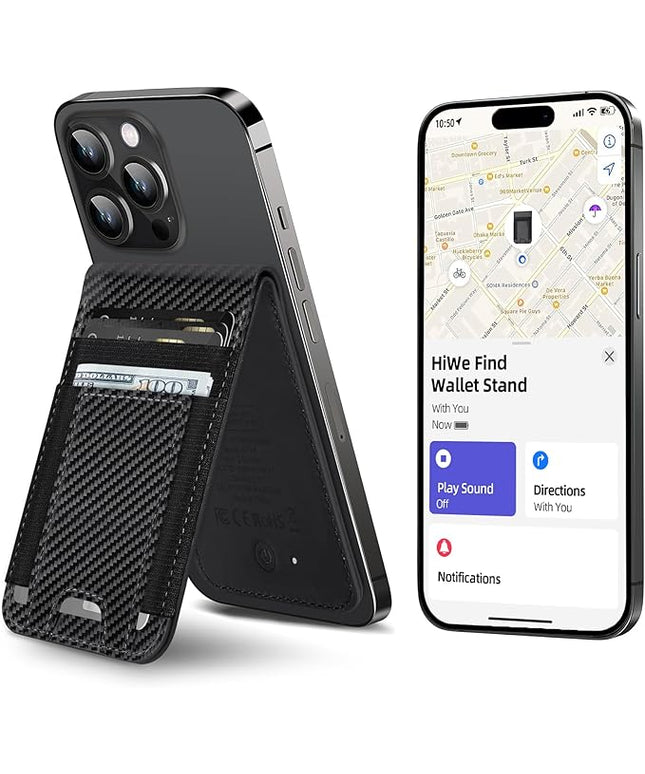 HiWe for MagSafe Wallet Stand with Find My, Anti-Lost Strongest Magnetic Wallet for iPhone 17/16/15/14/13/12 Series, 9 Cards Holder, Leather RFID, Carbon Fiber Black