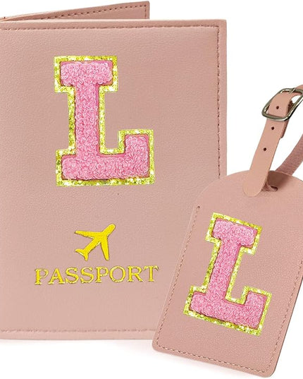 COSHAYSOO Initial Passport Cover Luggage Tag Set Letter Passport Holder Airplane Cruise Travel Essentials Vacation Traveling Accessories Personalized Gifts for Women Teen College Girls Pink L