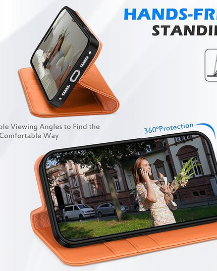 SHIELDON Case Wallet for iPhone 17 Pro 6.3-inch | Genuine Leather, RFID Blocking Credit Card Holder, Magnetic Closure, Folio Design, Kickstand, TPU Soft Full Protective Cover 2025 - Orange