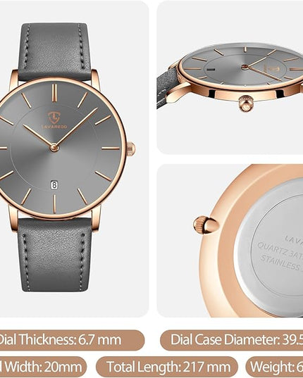 L LAVAREDO Watch for Men, Extremely Thin Mens Watches Minimalist Analog Men's Leather Wrist Watches with Time/Date, Birthday Gift for Men Boyfriend