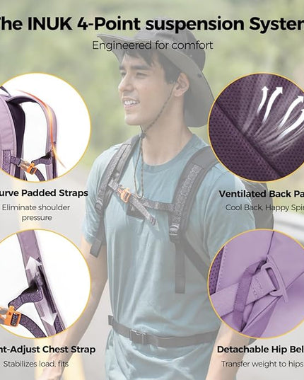 INUK Laptop Backpack for College Students & Work, 25L Lightweight Waterproof Backpack for Business Travel, Hiking Daypack with Padded Sleeve and Safety Whistle, Made from Recycled Materials，Purple