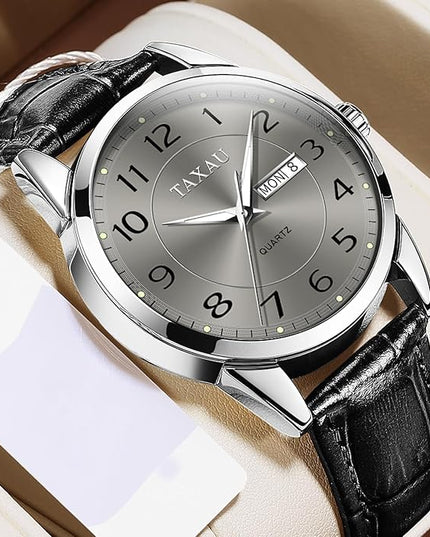 Men Dress Watch Waterproof Leather Watches for Men with Day Date Luxury Large Arabic Numerals Analog Quartz Classic Leather Watch Easy Read relojes para Hombres