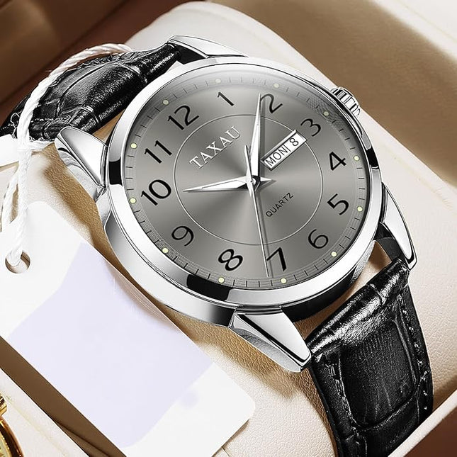 Men Dress Watch Waterproof Leather Watches for Men with Day Date Luxury Large Arabic Numerals Analog Quartz Classic Leather Watch Easy Read relojes para Hombres