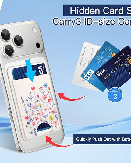 Stronger Magnetic Card Slot Wallet for iPhone 17/16/15/14/13/12 Series (Not for 13/12 Mini), Flower Pattern Hard Card Holder Fit 3 Cards Compatible with Magsafe Accessories, White