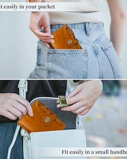 Blucoay Leather Wallet Women,RFID Blocking Womens Wallet Bifold Compact Card Holder Small Wallet for Women with Removable ID Window LightBrown