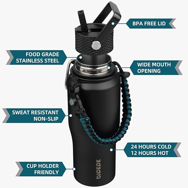 BJPKPK Insulated Water Bottles with Straw Lid, 23oz Metal Water Bottle with 2 lids & Paracord Strap, Double Wall Stainless Steel Vacuum Tumblers, Cups, Mugs, Thermo for Hot& Cold Drinks, Black