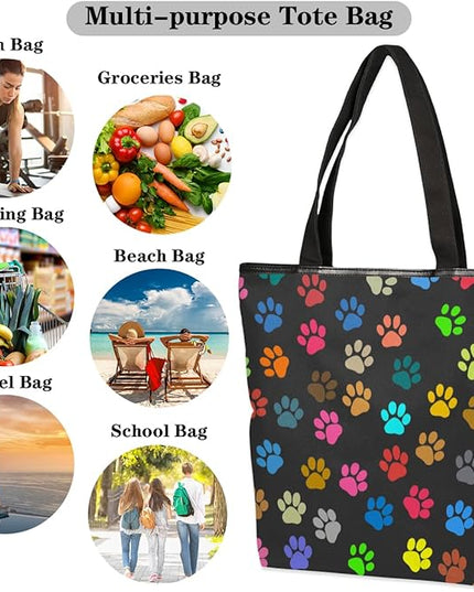 Pardick Colorful Animal Paw Prints Canvas Tote Bag, Eco Friendly Cute Reusable Grocery Shopping Bag With Zipper Inner Pocket for Women & Girls