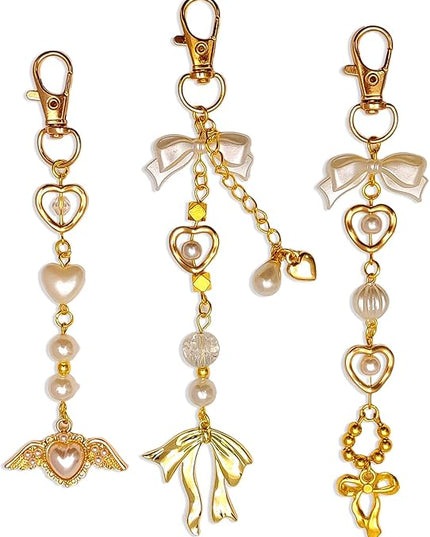 Keychain for Women Gold Bow Angel Wings KeyChains Novel Star Heart Strawberry Racket Pendants Bag Charm Key Chains