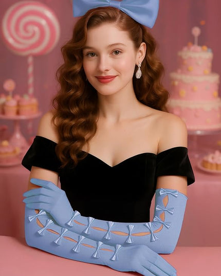 BABEYOND Lace Gloves for Women - Princess Gloves Long Stretchy Bow Mesh Tulle Sheer for Costume Opera Party