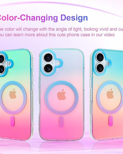 Aesthetic Case for iPhone 17 Case for Women Girls [Compatible with Magsafe] Cute Girly Trendy Glitter Sparkly Rainbow Magnetic Protective Phone Cover, Matte Iridescent Blue & Pink