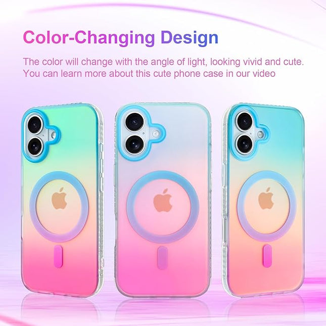 Aesthetic Case for iPhone 17 Case for Women Girls [Compatible with Magsafe] Cute Girly Trendy Glitter Sparkly Rainbow Magnetic Protective Phone Cover, Matte Iridescent Blue & Pink
