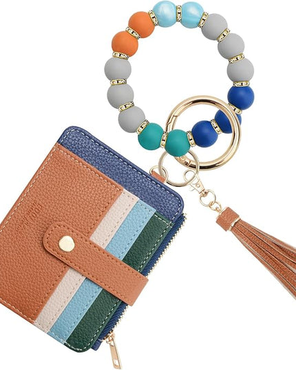 COOLANS Silicone Bracelet Wristlet Wallet Credit Card Holder RFID,ID Window,Key Ring Tassel,Slim Wallet Women Keychain Purse