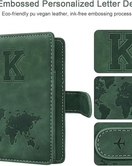 Personalized K Passport Holder Cover Initial Letter Travel Wallet RFID Blocking Passport Cover Credit Card Holder Case Passport Book Holders for Women and Men, Pine Green-K