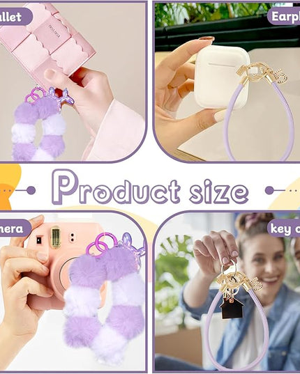 2 Pcs Phone Charm Wrist Strap with Tether Tab, Double Anti Lost Fluff Ball Beaded Wrist Lanyard, Detachable Leather Phone Charms for Bag, Key Chains, Camera Decor