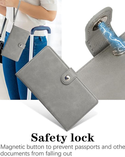 Passport Holder for Travel Essentials, RFID Blocking PU Leather Wallet Cover with Wristlet Strap Magnetic Closure Passport Book Holders Case for Women and Men, Grey