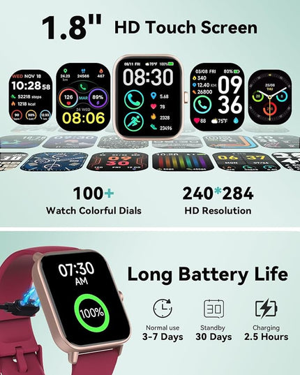 Smart Watches for Women/Men, Smart Watch for Android Phones and iPhone Compatible, Alexa Built-in, 1.8" Fitness Watches for Women, IP68 Waterproof/Bluetooth Call, Heart Rate/Sleep Monitor, Red