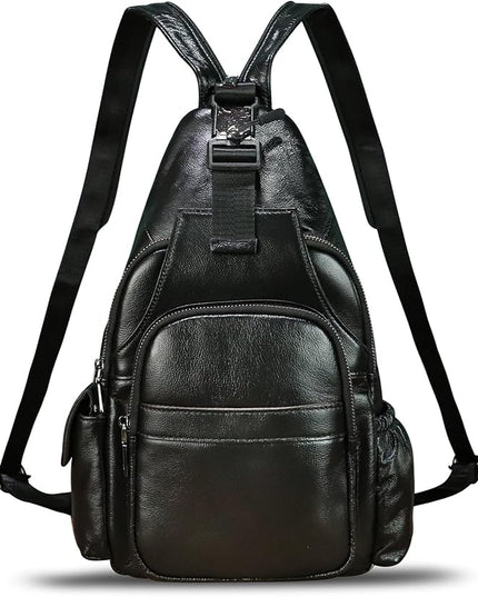 Genuine Leather Sling Bag for Men and Women Handmade Sling Backpack Purse Chest Over Shoulder Crossbody Bag Large Capacity (Black)