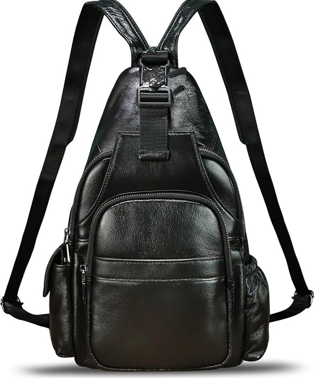 Genuine Leather Sling Bag for Men and Women Handmade Sling Backpack Purse Chest Over Shoulder Crossbody Bag Large Capacity (Black)