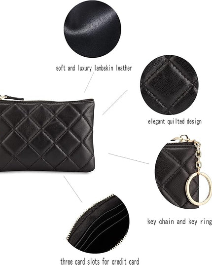 DORIS&JACKY Soft Lambskin Leather Coin Purse Small Quilted RFID Blocking Top Zipper Wallet With Key Chain
