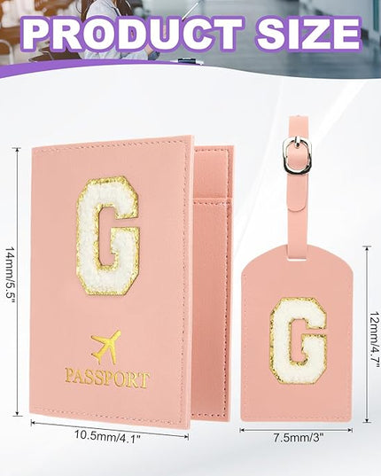 PATIKIL Passport Holder for Travel, Initial Passport Cover and Luggage Tag Set with Alphabet Chenille Letter Patch Travel Wallet Bag Suitcase Identifier for Women Family Travel Pink G