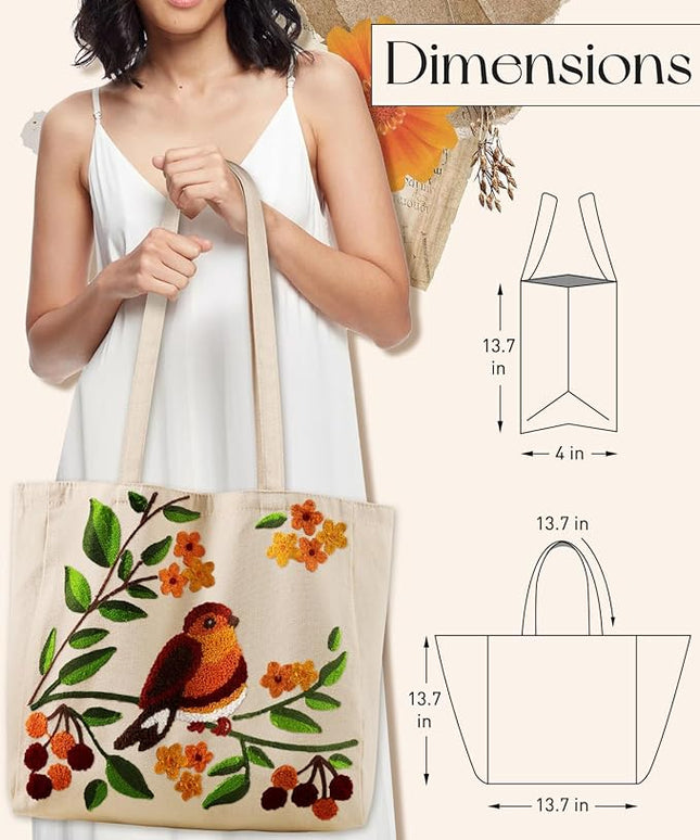 Aesthetic Embroidery Tote Bag for Women - Reusable Canvas Cute Shoulder Bag for Shopping, Grocery, Work, Book