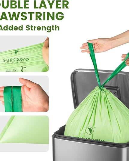 SUPERBIO 4 Gallon Compostable Drawstring Food Scrap Bags,15.1 Liter, 40 Count, 0.9 Mil,Heavy Duty Waste Bags, BPI, Seedling and OK compost INDUSTRIAL