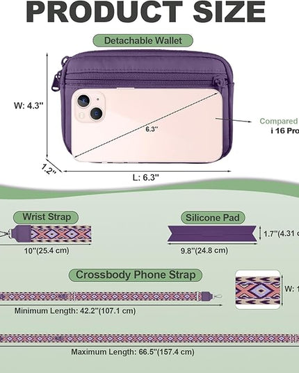 Clip and Go Strap for Phone with Wallet Crossbody, Adjustable Phone Lanyard with Detachable RFID Wristlet Wallet, Pattern Strap, Dark Purple(M)