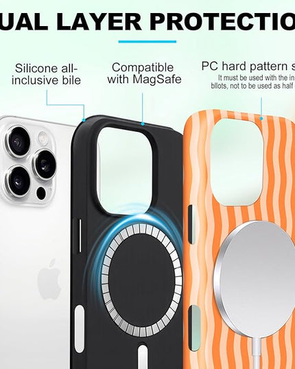 Magnetic for iPhone 15 Plus Case Cute Wavy Stripes Phone Case, Shockproof Slim TPU and Hard PC Protective Phone Cover Compatible with MagSafe Designed for Women Girls, Orange