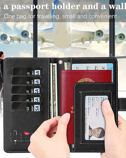 Passport Holder for Travel Essentials, RFID Blocking PU Leather Wallet Cover with Wristlet Strap Magnetic Closure Passport Book Holders Case for Women and Men, Black