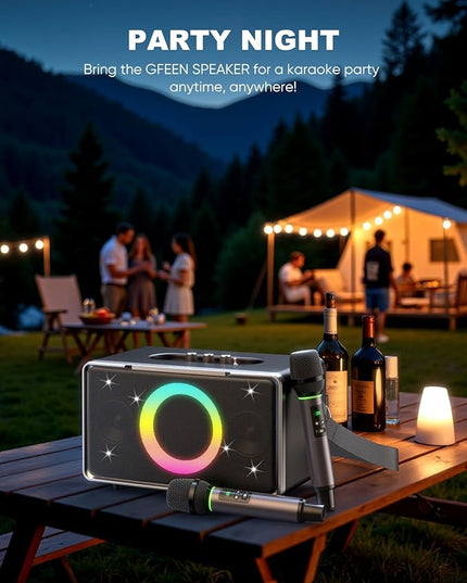 GFEEN Party Bluetooth Speaker: 100W Peak Loud! Deep Bass, 15H Playtime, Large Wireless Speakers, Powerful Sound, Light Show, Fast Charging for Outdoor, Backyard, House(Silver with 2Mic)