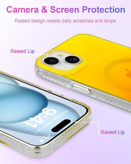 Aesthetic Case for iPhone 15 Case for Women Girls, Compatible with Magsafe, Cute Girly Trendy Glitter Sparkly Rainbow Magnetic Protective Phone Cover, Matte Iridescent Yellow & Orange