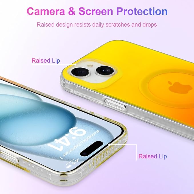 Aesthetic Case for iPhone 15 Case for Women Girls, Compatible with Magsafe, Cute Girly Trendy Glitter Sparkly Rainbow Magnetic Protective Phone Cover, Matte Iridescent Yellow & Orange